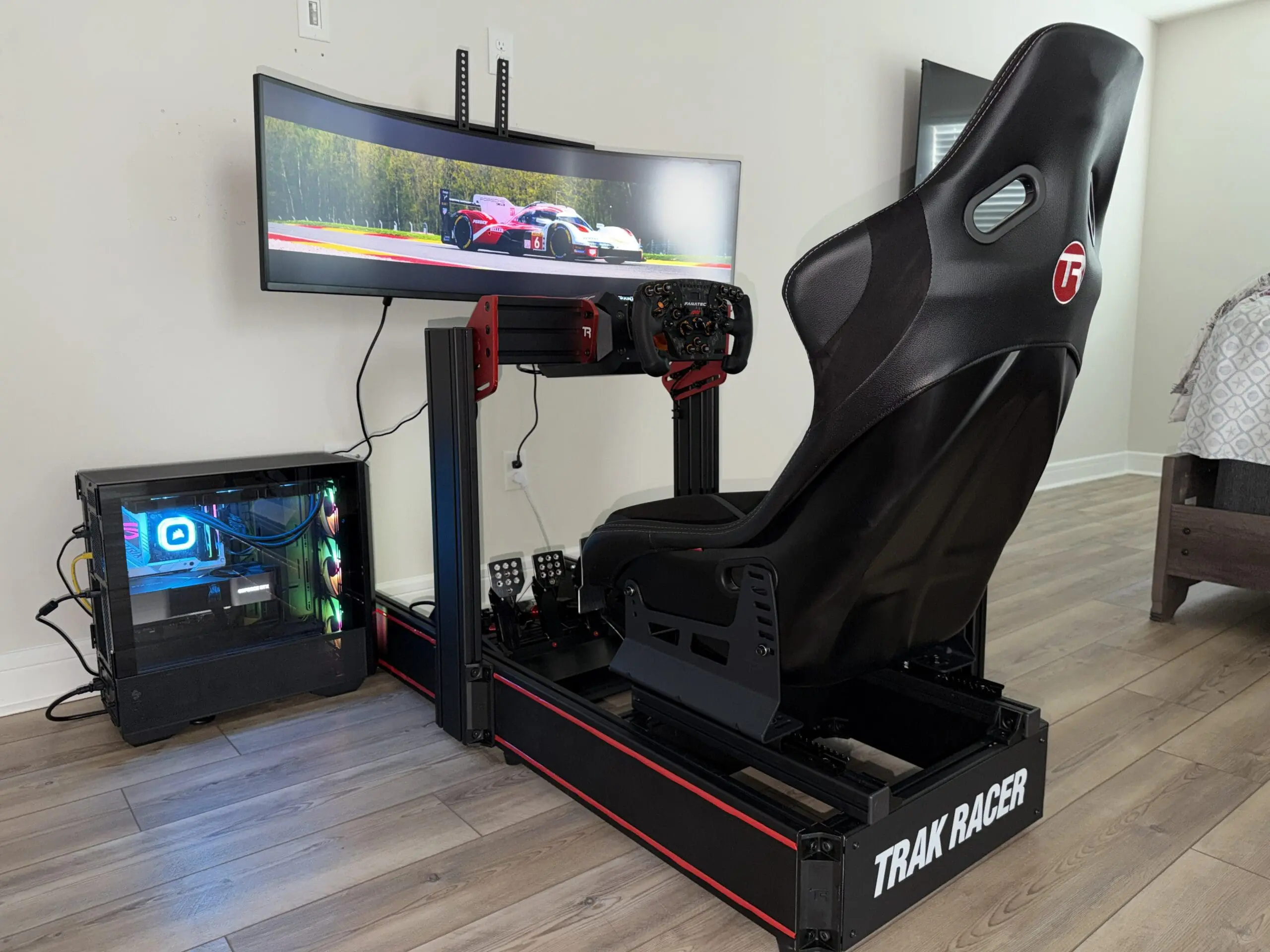 Sim racing wheel and cockpit setup close-up