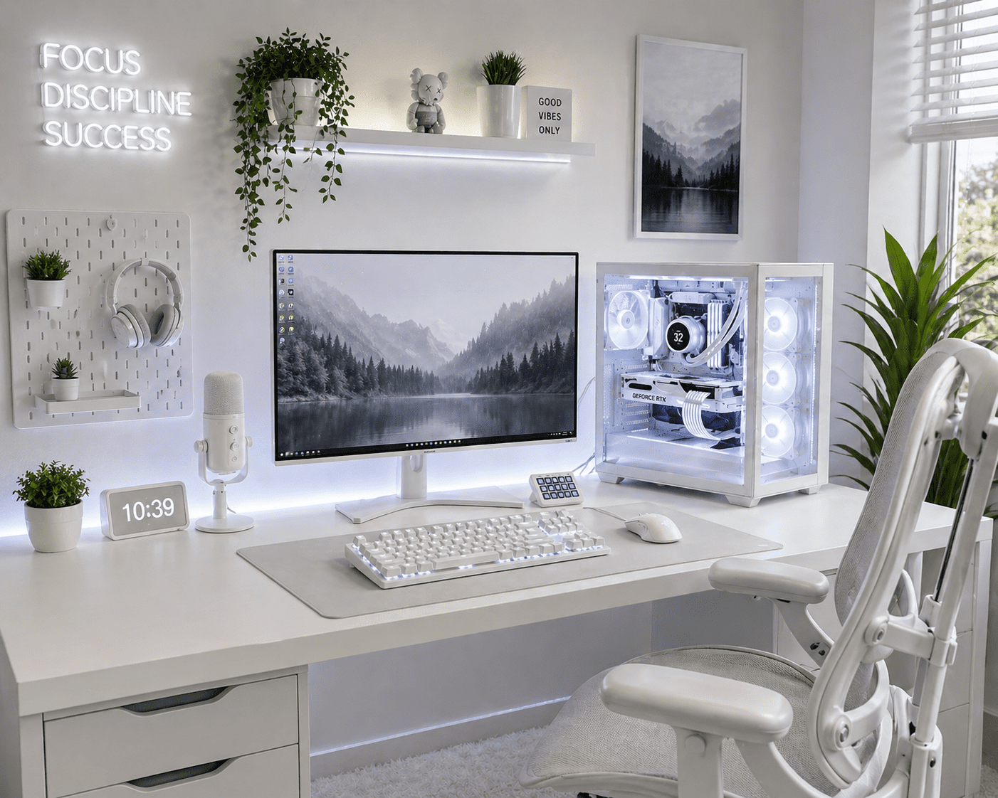 Modern professional workspace setup with clean desk layout, monitor, peripherals, lighting, and organized technology integration by DkBuildsPC