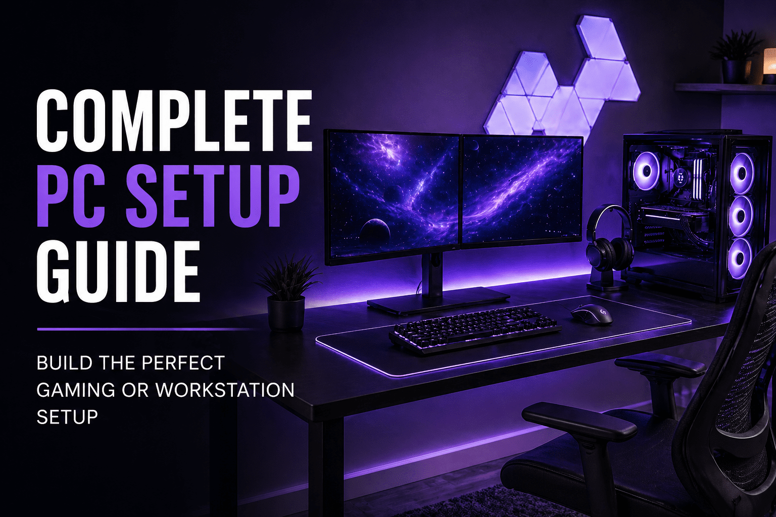 Clean gaming and workstation PC setup with dual monitors, RGB lighting, and organized desk layout by DkBuildsPC