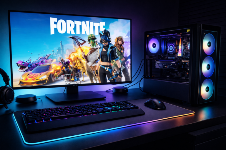 Fortnite gaming setup with RGB highlights