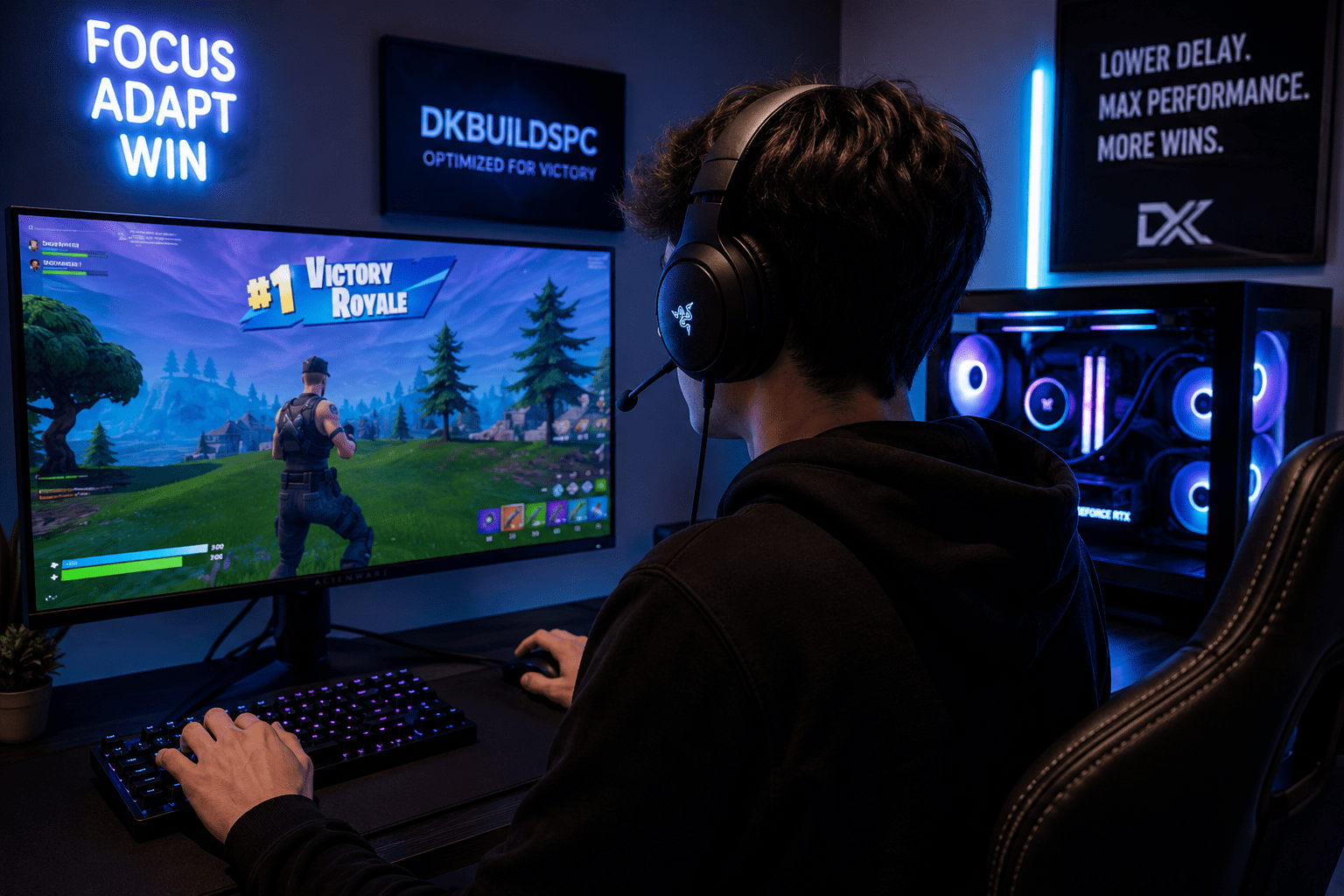 Competitive Fortnite player lowering input delay on a high-performance gaming PC setup