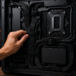 Hand organizing cables inside a high-end gaming PC with clean cable management and premium components