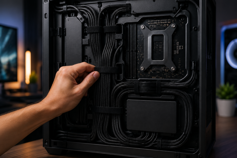 Hand organizing cables inside a high-end gaming PC with clean cable management and premium components