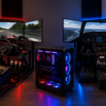 Custom simulator PC setup for racing simulators and flight simulators with triple monitors, racing wheel, flight controls, and high-performance gaming computer