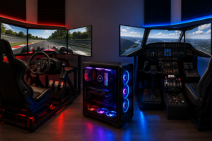 Custom simulator PC setup for racing simulators and flight simulators with triple monitors, racing wheel, flight controls, and high-performance gaming computer