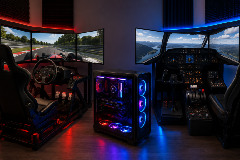 Custom simulator PC setup for racing simulators and flight simulators with triple monitors, racing wheel, flight controls, and high-performance gaming computer