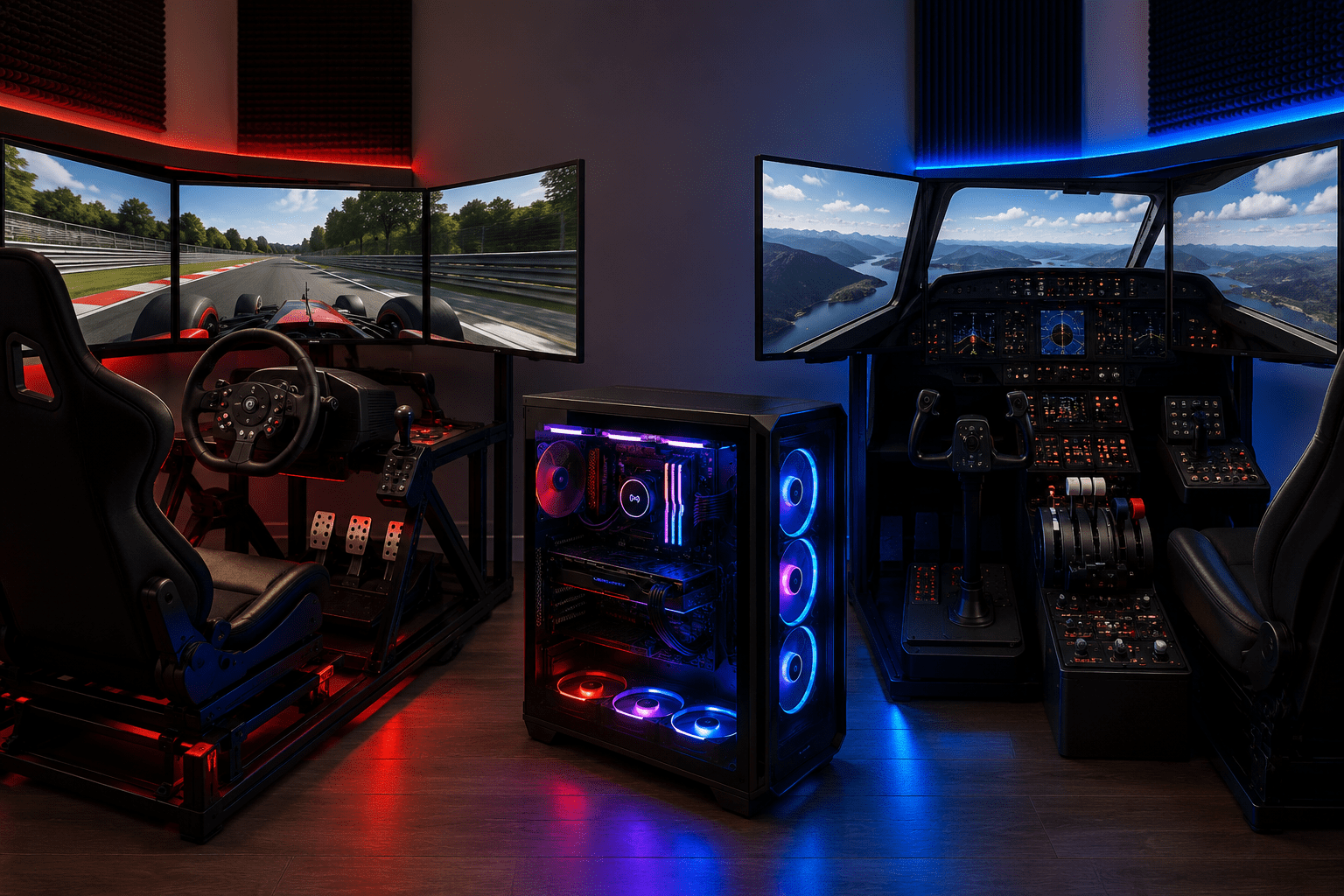 Custom simulator PC for flight simulators and racing simulators with triple monitors, racing wheel, flight controls, and high-performance gaming hardware