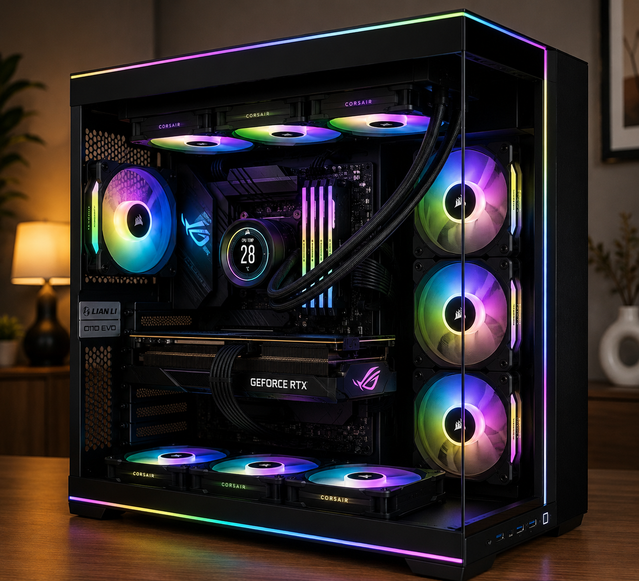 DkBuildsPC Ultimate 4K Gaming and Workstation PC build featuring an AMD Ryzen 9 9950X3D processor, ASUS RTX 5080 graphics card, ASUS ROG Strix X870E-E motherboard, 64GB DDR5 memory, Crucial T710 Gen5 SSD, CORSAIR liquid cooling, and Lian Li O11D EVO RGB case.