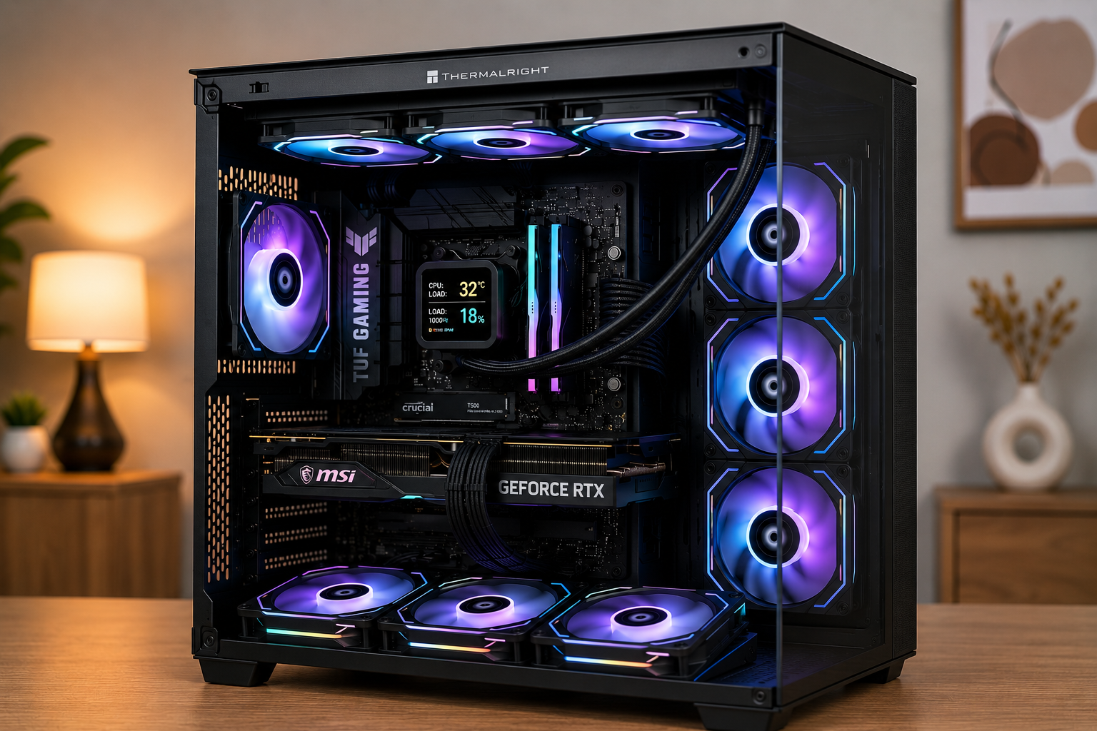 DkBuildsPC recommended RTX 5070 gaming PC build featuring an AMD Ryzen 7 7800X3D processor, MSI RTX 5070 graphics card, ASUS TUF B850 WiFi motherboard, 32GB DDR5 memory, and Lian Li O11D Mini V2 Flow case with RGB lighting.
