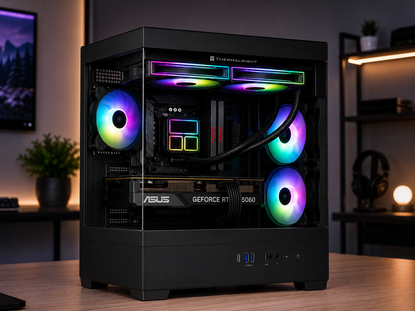 DkBuildsPC Value Gaming PC featuring AMD Ryzen 5 9600X, ASUS Dual RTX 5060, MSI MAG B650 Tomahawk WiFi, Patriot Viper DDR5 memory, Thermalright Frozen Infinity 240 AIO, and dual tempered glass Micro ATX case.