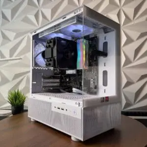 Gaming PC budget friendly with white and RGB aesthetic.
