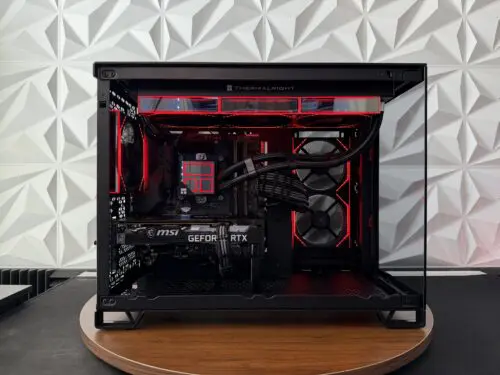 DKBPC Core PC gaming computer with red RGB lighting, MSI GeForce RTX 3060 Ti graphics card, and clean custom cable management.