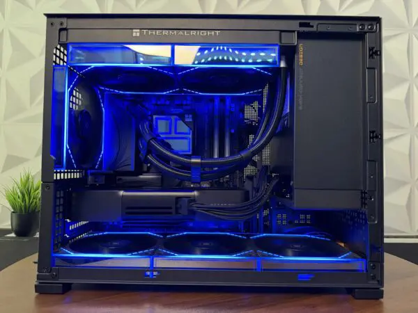 DKBPC Performance PC interior with blue RGB lighting.