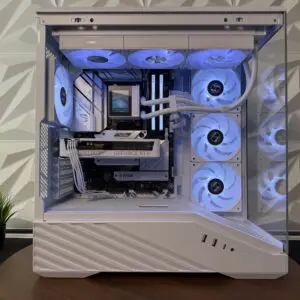 DKBPC Signature PC featuring AMD Ryzen 7 7800X3D and NVIDIA GeForce RTX 5060 in a white Lian Li Vector V1000X case