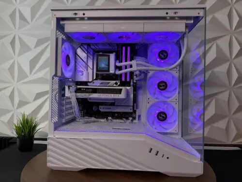 Front angled view of the DKBPC Signature PC with RGB lighting and white Lian Li Vector V1000X case
