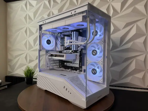 Side view of the DKBPC Signature PC showcasing the RTX 5060, RGB fans, and premium cable management