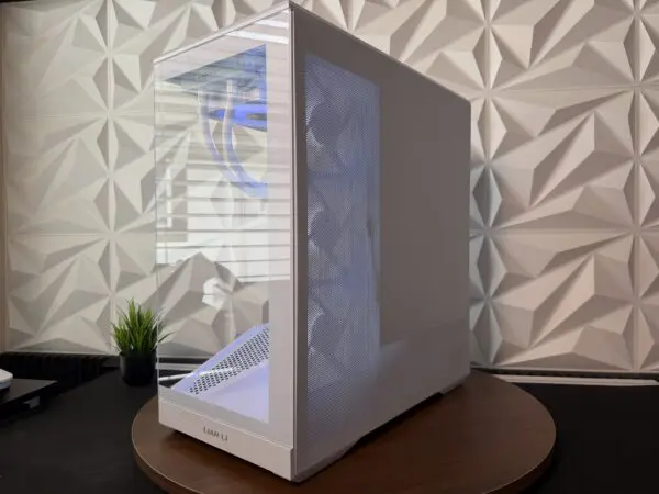 Rear angled view of the DKBPC Signature PC in the white Lian Li Vector V1000X chassis