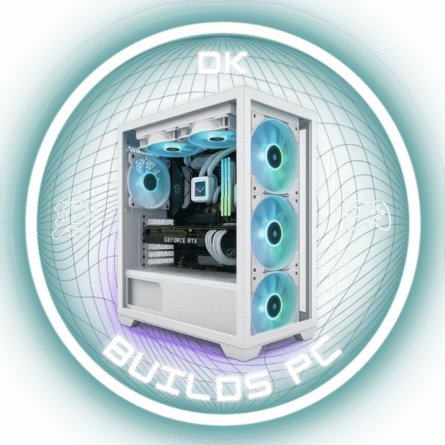 image of a game PC glowing with logo saying Dk Builds PC