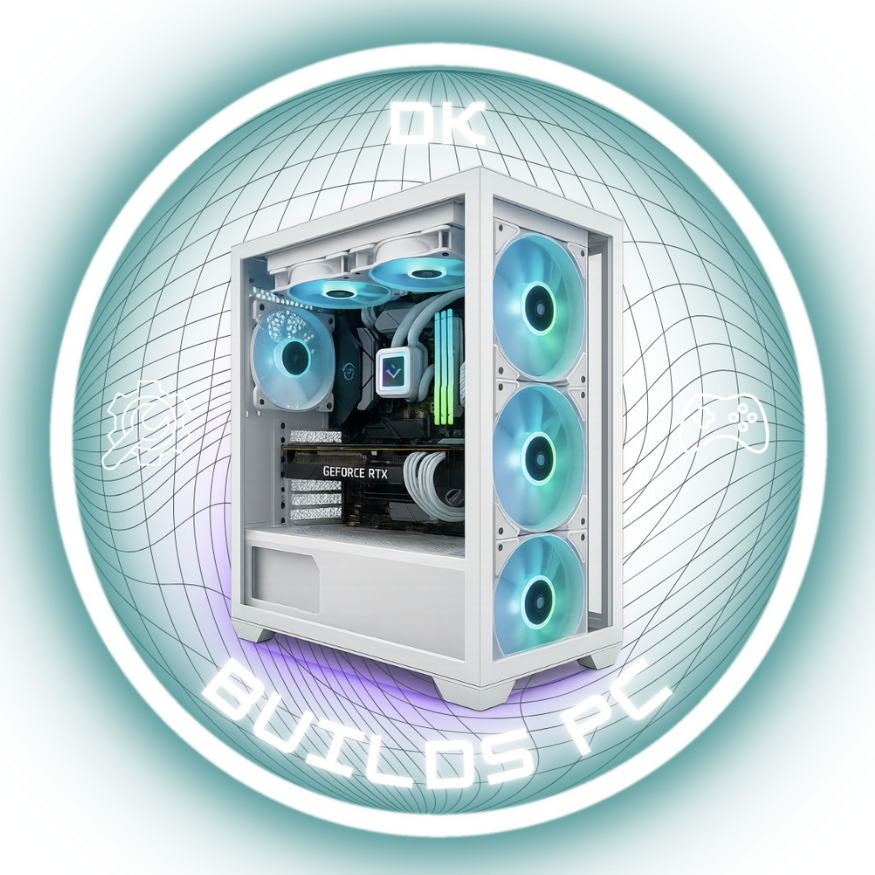 image of a game PC glowing with logo saying Dk Builds PC